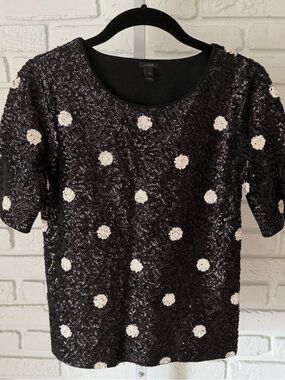 J.Crew Black Sequin Polka Dot Top XS Short Sleeve Party